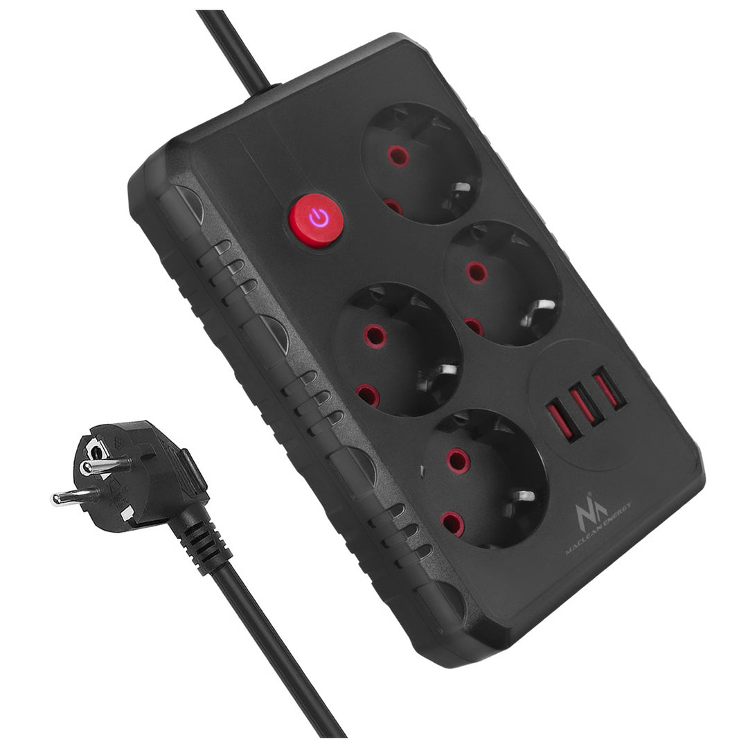 Maclean konnektor, 4 csatlakozós hosszabbító kábel + 3xUSB, 110-240V AC 50/60Hz, 2.1A max 2500W, 1.5m, fekete, MCE392 B