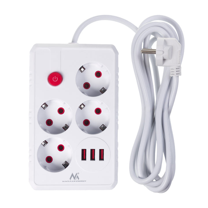Maclean konnektor, 4 csatlakozós hosszabbító kábel + 3xUSB, 110-240V AC 50/60Hz, 2.1A max 2500W, 3m, fehér, MCE393 W