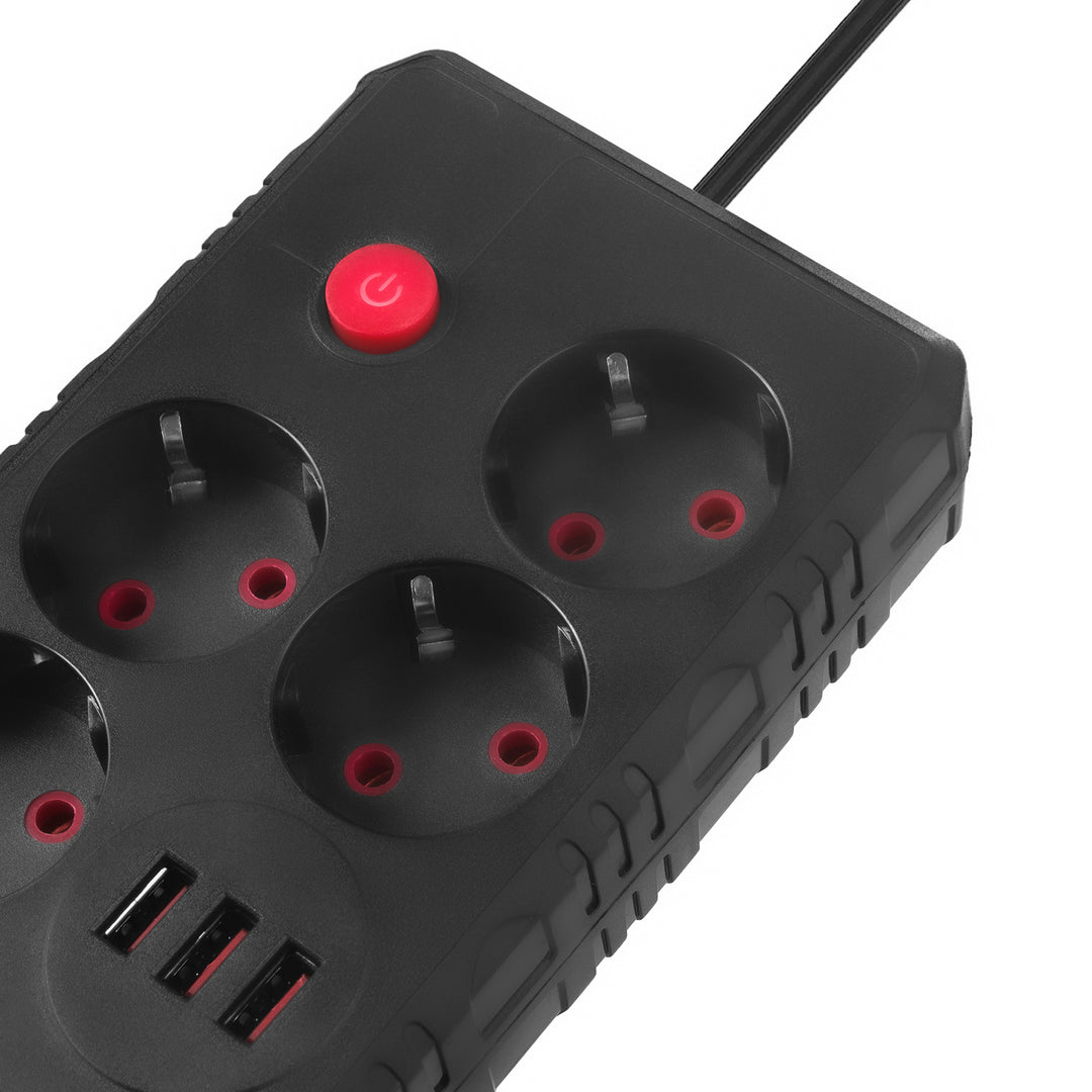 Maclean konnektor, 4 csatlakozós hosszabbító kábel + 3xUSB, 110-240V AC 50/60Hz, 2.1A max 2500W, 3m, fekete, MCE393 B