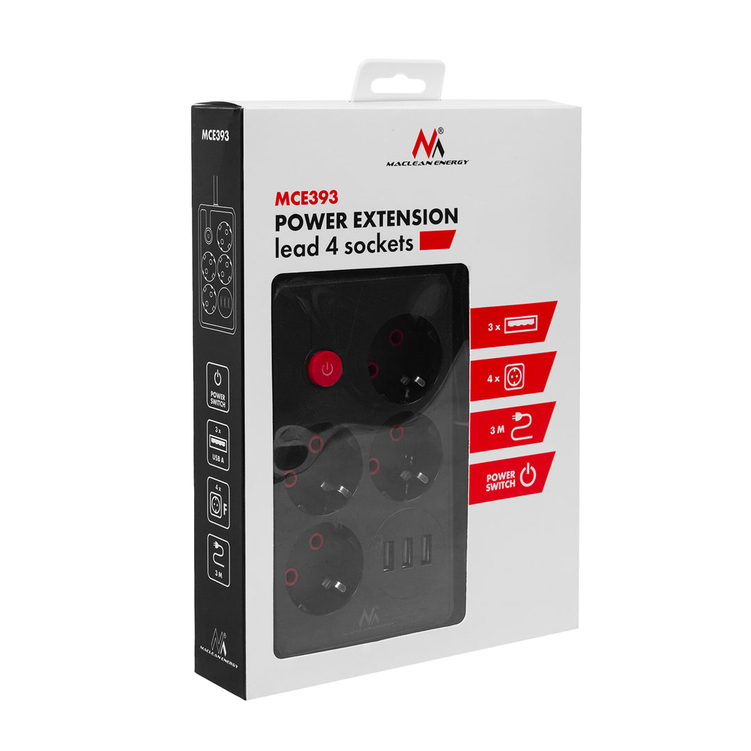 Maclean konnektor, 4 csatlakozós hosszabbító kábel + 3xUSB, 110-240V AC 50/60Hz, 2.1A max 2500W, 3m, fekete, MCE393 B