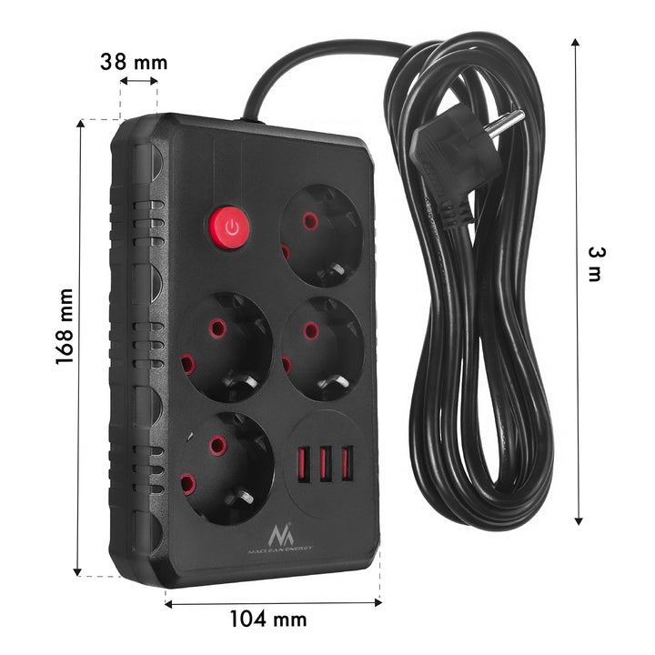 Maclean konnektor, 4 csatlakozós hosszabbító kábel + 3xUSB, 110-240V AC 50/60Hz, 2.1A max 2500W, 3m, fekete, MCE393 B