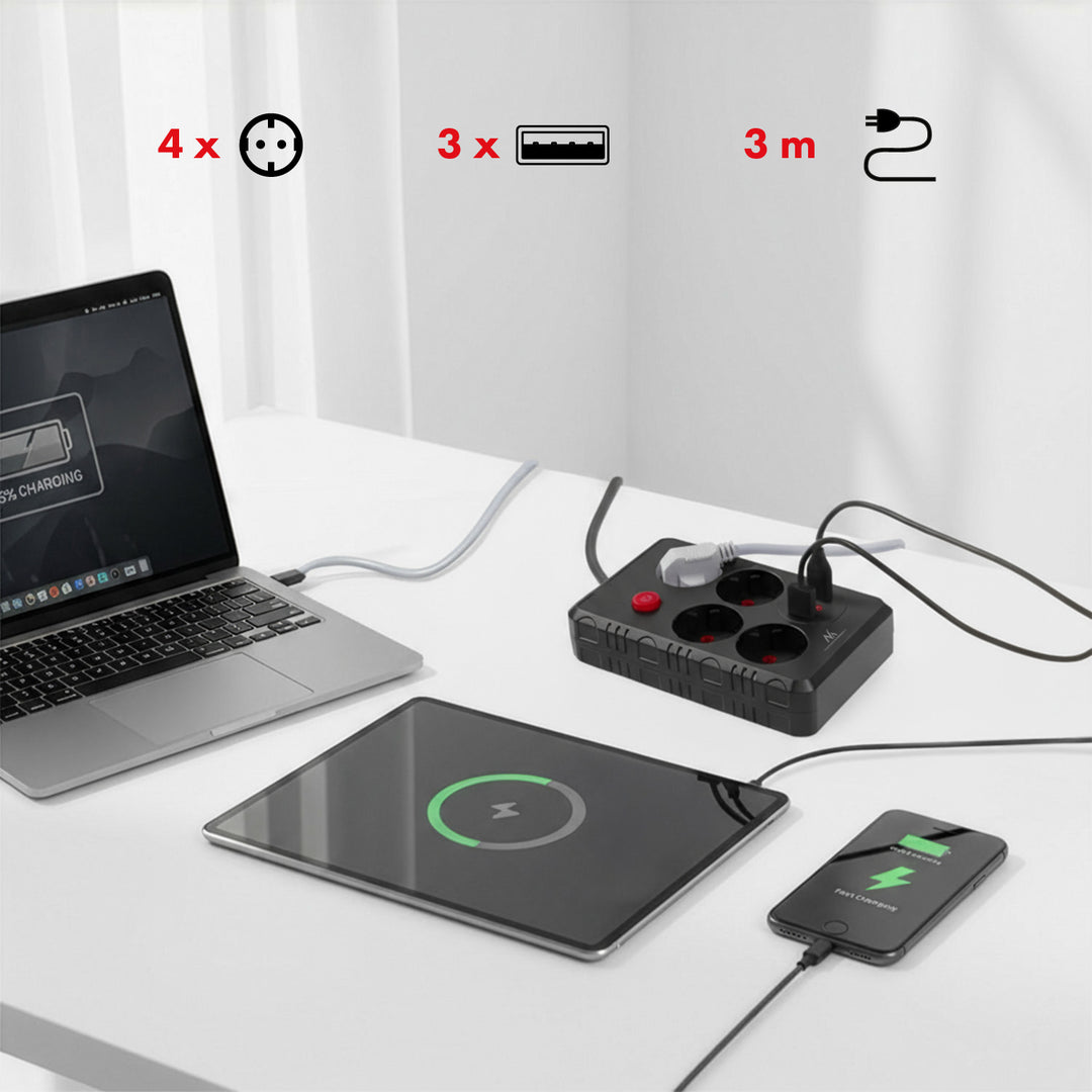 Maclean konnektor, 4 csatlakozós hosszabbító kábel + 3xUSB, 110-240V AC 50/60Hz, 2.1A max 2500W, 3m, fekete, MCE393 B