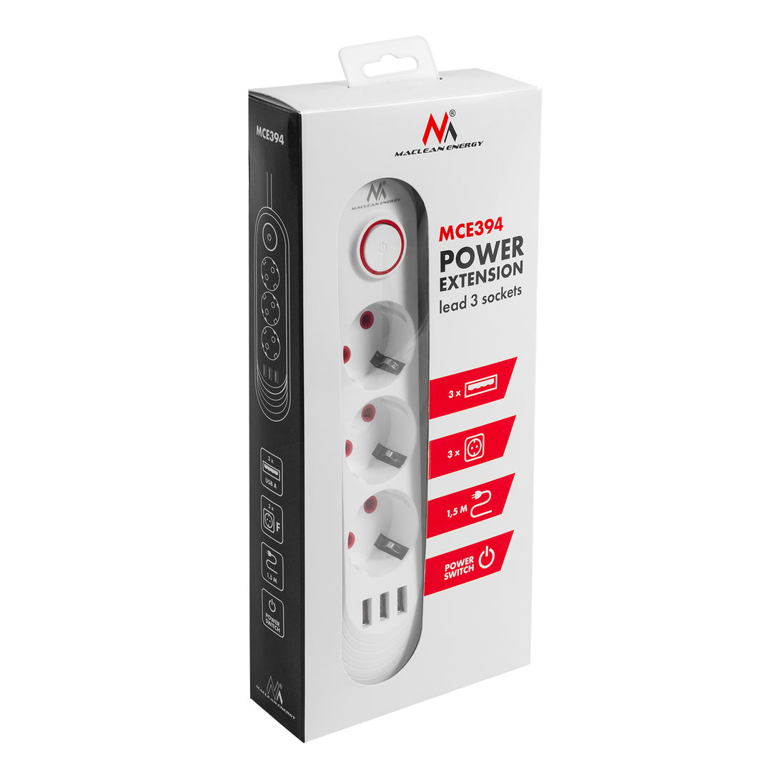 Maclean konnektor, 3 csatlakozós hosszabbító kábel + 3xUSB, 110-240V AC 50/60Hz, 2.1A max 2500W, 1.5m, fehér, MCE394 W