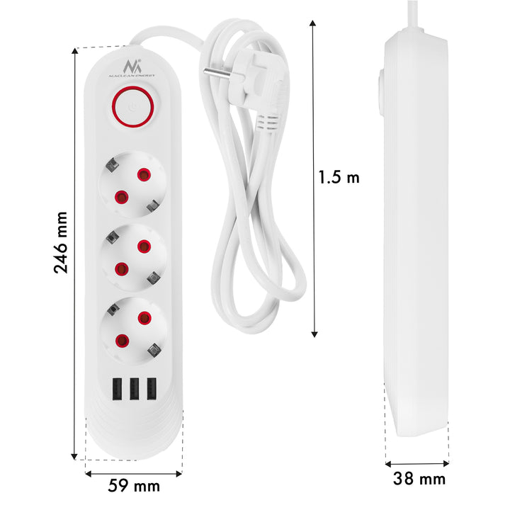 Maclean konnektor, 3 csatlakozós hosszabbító kábel + 3xUSB, 110-240V AC 50/60Hz, 2.1A max 2500W, 1.5m, fehér, MCE394 W