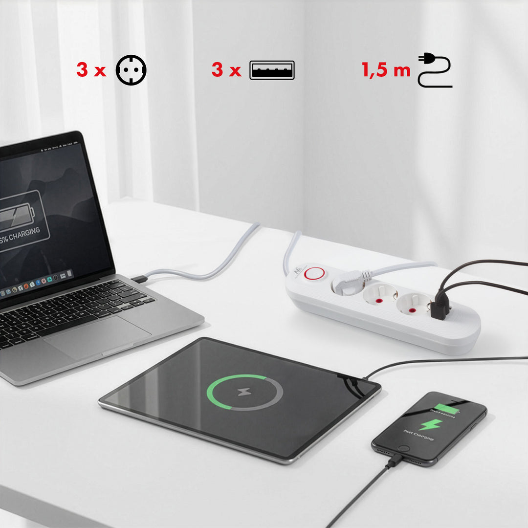 Maclean konnektor, 3 csatlakozós hosszabbító kábel + 3xUSB, 110-240V AC 50/60Hz, 2.1A max 2500W, 1.5m, fehér, MCE394 W
