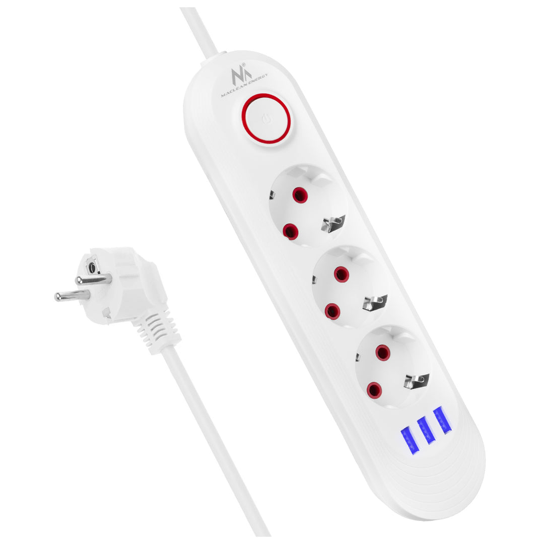 Maclean konnektor, 3 csatlakozós hosszabbító kábel + 3xUSB, 110-240V AC 50/60Hz, 2.1A max 2500W, 1.5m, fehér, MCE394 W
