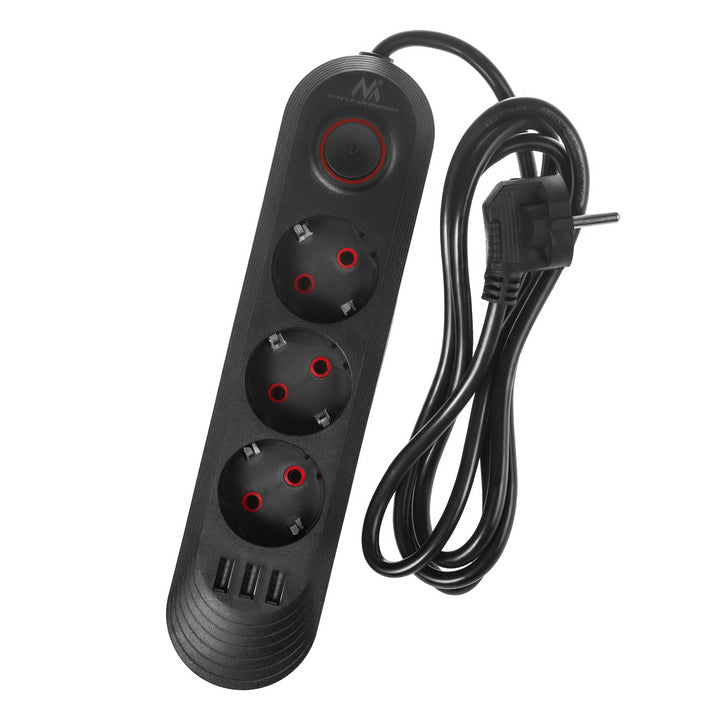 Maclean konnektor, 3 csatlakozós hosszabbító kábel + 3xUSB, 110-240V AC 50/60Hz, 2.1A max 2500W, 1.5m, fekete, MCE394 B