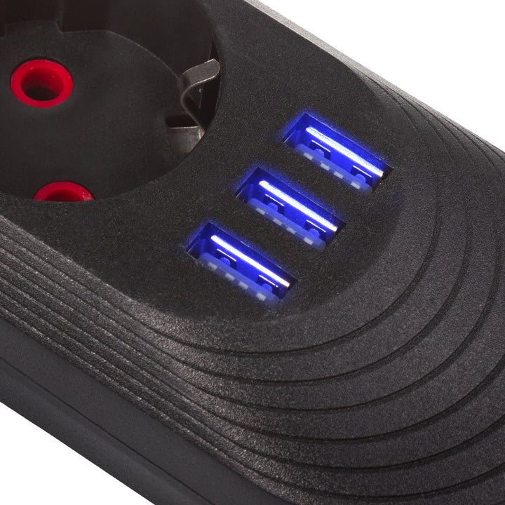 Maclean konnektor, 3 csatlakozós hosszabbító kábel + 3xUSB, 110-240V AC 50/60Hz, 2.1A max 2500W, 1.5m, fekete, MCE394 B