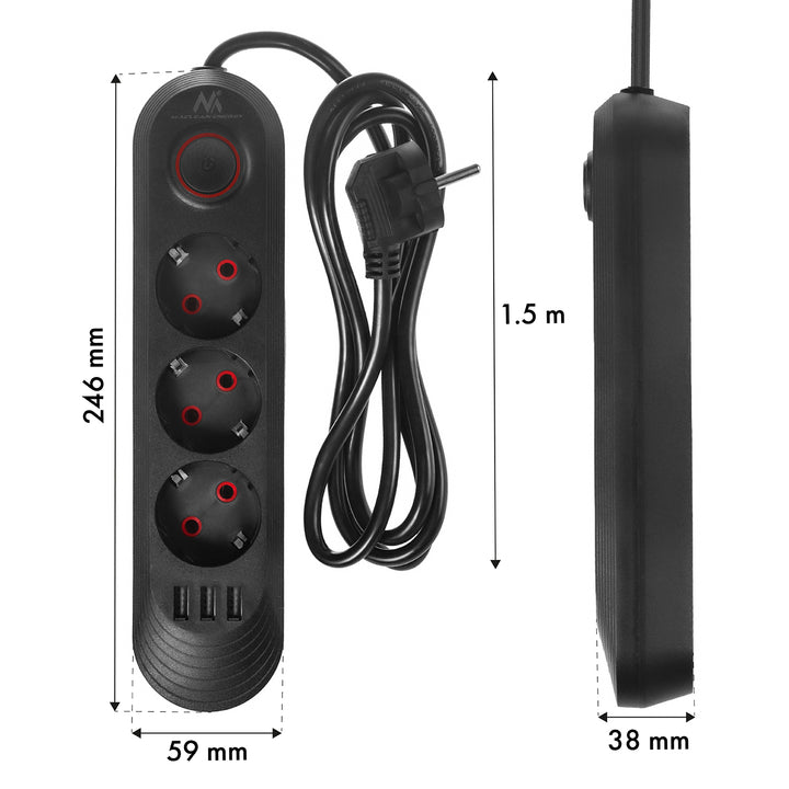 Maclean konnektor, 3 csatlakozós hosszabbító kábel + 3xUSB, 110-240V AC 50/60Hz, 2.1A max 2500W, 1.5m, fekete, MCE394 B