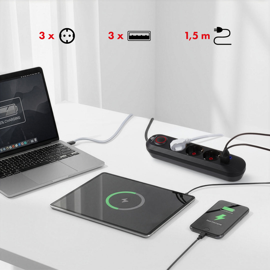 Maclean konnektor, 3 csatlakozós hosszabbító kábel + 3xUSB, 110-240V AC 50/60Hz, 2.1A max 2500W, 1.5m, fekete, MCE394 B