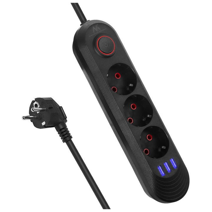 Maclean konnektor, 3 csatlakozós hosszabbító kábel + 3xUSB, 110-240V AC 50/60Hz, 2.1A max 2500W, 1.5m, fekete, MCE394 B