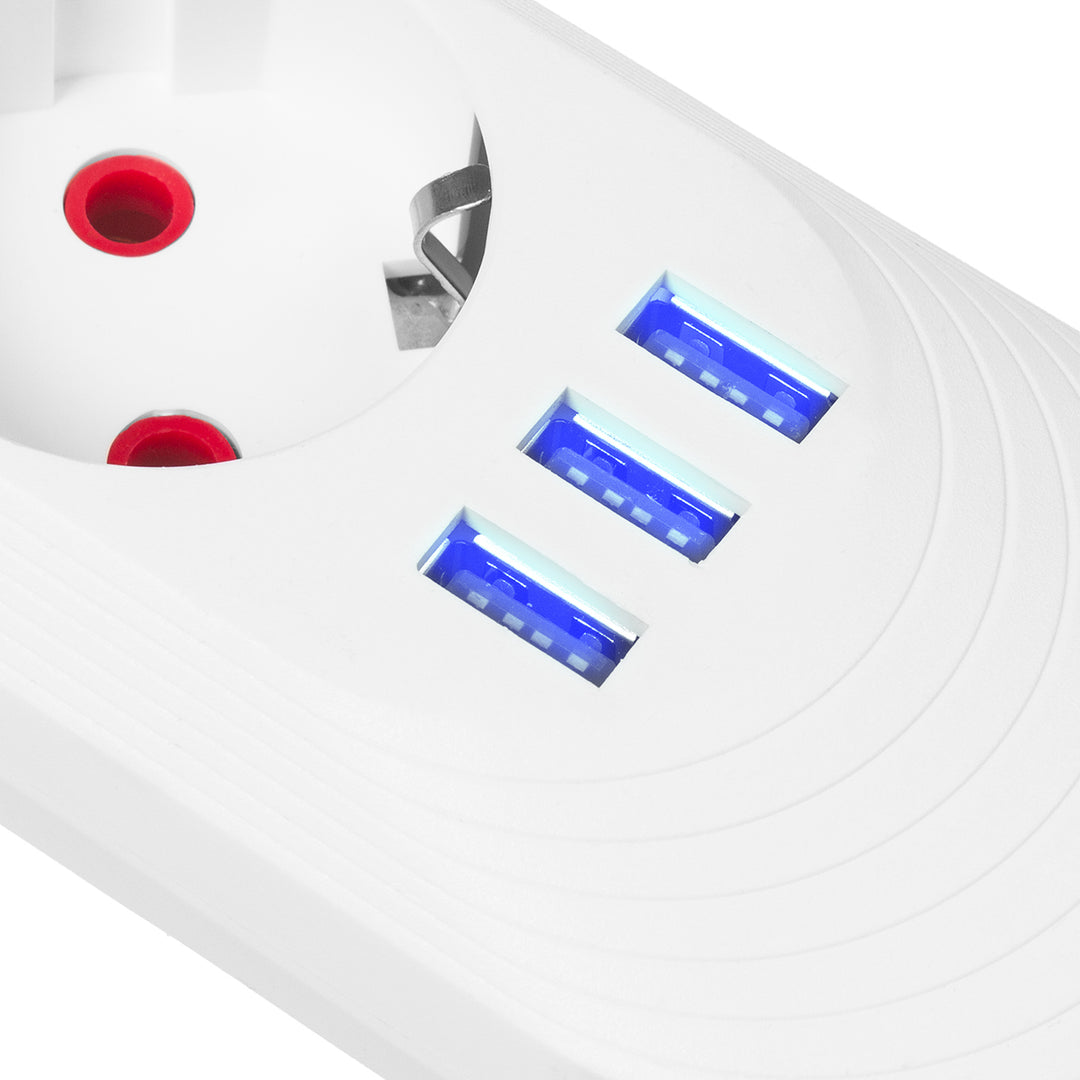 Maclean hálózati szalag, 5 aljzatos hosszabbító kábel + 3xUSB, 110-240V AC 50/60Hz, 2.1A max 2500W, 1.5m, fehér, MCE395 W