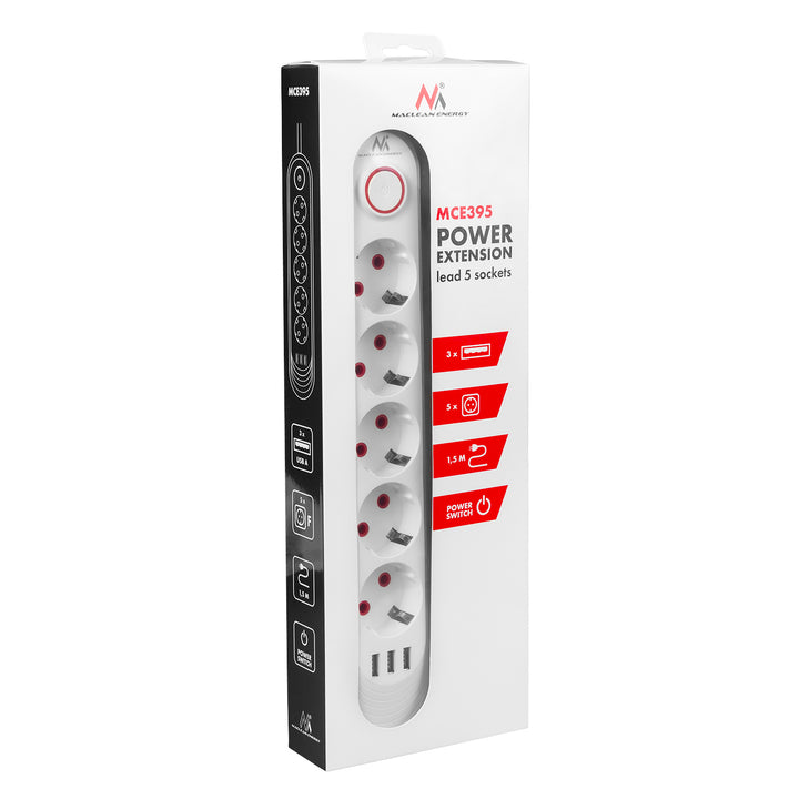 Maclean hálózati szalag, 5 aljzatos hosszabbító kábel + 3xUSB, 110-240V AC 50/60Hz, 2.1A max 2500W, 1.5m, fehér, MCE395 W