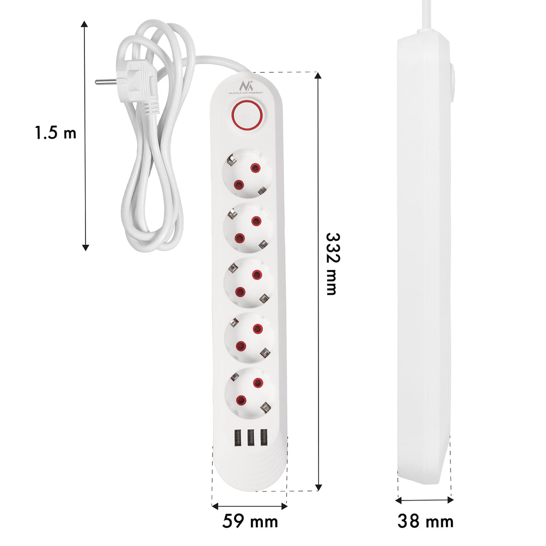 Maclean hálózati szalag, 5 aljzatos hosszabbító kábel + 3xUSB, 110-240V AC 50/60Hz, 2.1A max 2500W, 1.5m, fehér, MCE395 W