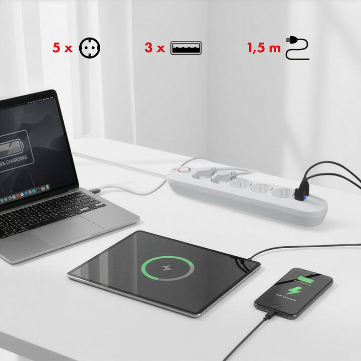 Maclean hálózati szalag, 5 aljzatos hosszabbító kábel + 3xUSB, 110-240V AC 50/60Hz, 2.1A max 2500W, 1.5m, fehér, MCE395 W