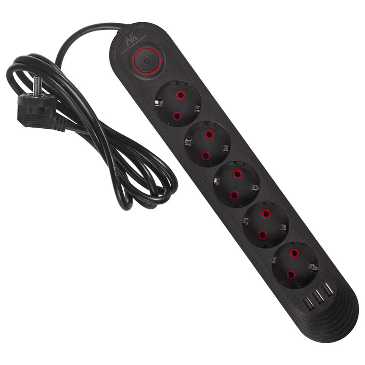 Maclean hálózati szalag, 5 aljzatos hosszabbító kábel + 3xUSB, 110-240V AC 50/60Hz, 2.1A max 2500W, 1.5m, fekete, MCE395 B