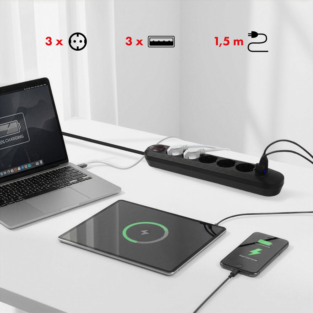 Maclean hálózati szalag, 5 aljzatos hosszabbító kábel + 3xUSB, 110-240V AC 50/60Hz, 2.1A max 2500W, 1.5m, fekete, MCE395 B