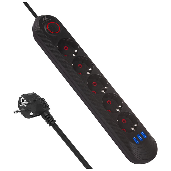 Maclean hálózati szalag, 5 aljzatos hosszabbító kábel + 3xUSB, 110-240V AC 50/60Hz, 2.1A max 2500W, 1.5m, fekete, MCE395 B