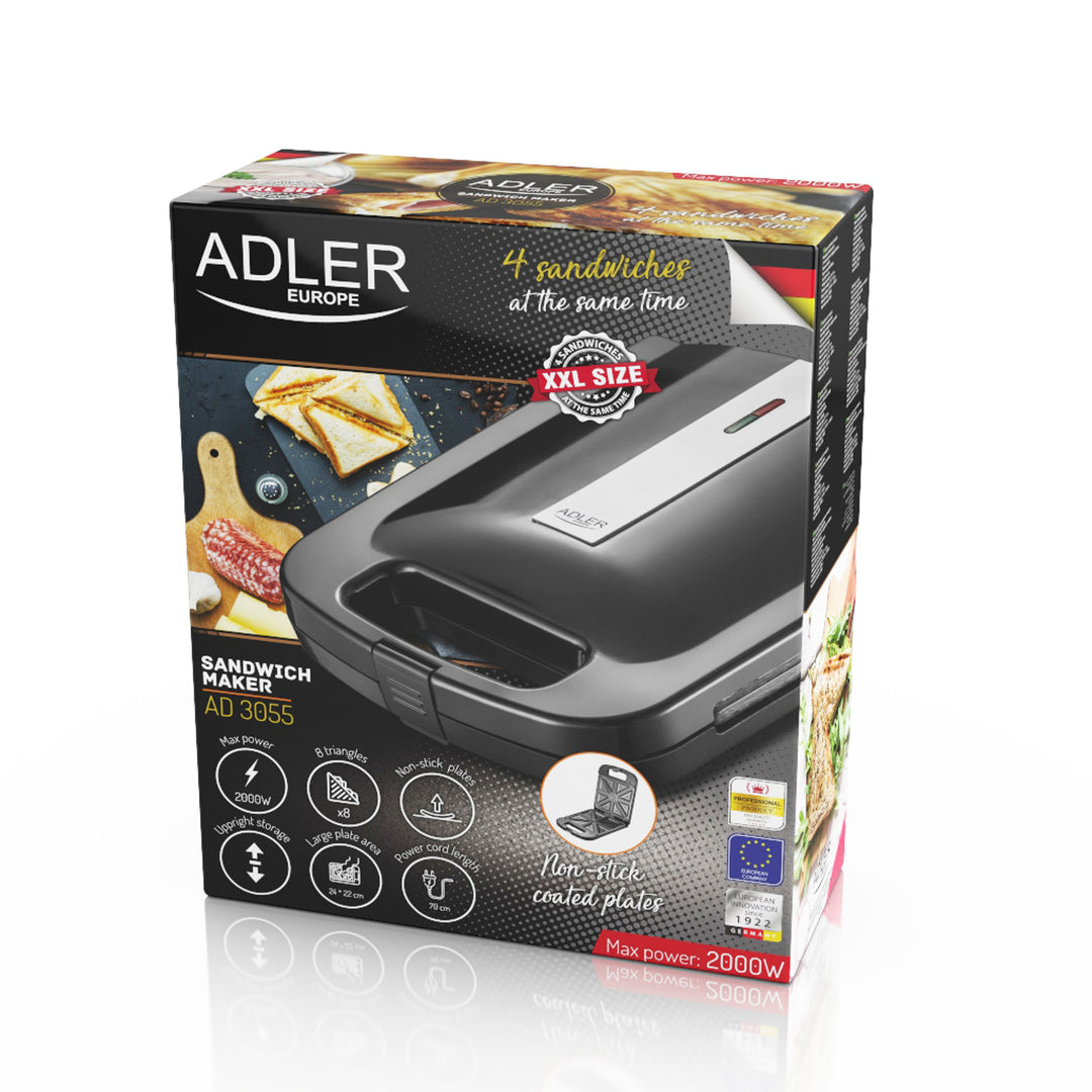 Adler AD 3055 fekete 2000 Wattos szendvicskészítő 4 szendvicshez