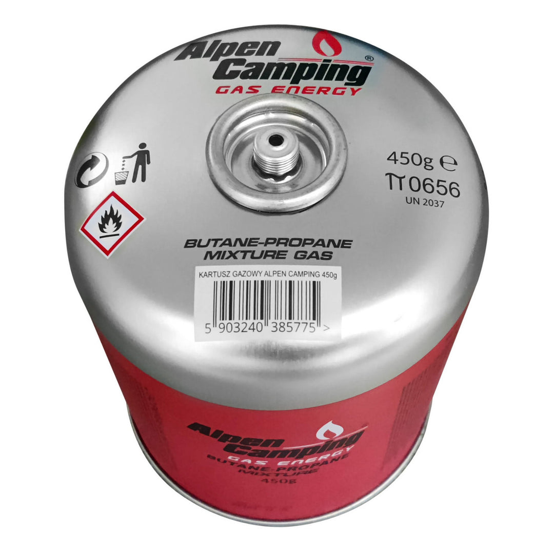 Gázpatron 450g Alpen Camping. Tanúsítvány: Pi 0437, megfelel az EN417 szabványnak, propán-bután, -10°c és + 40°c közötti tartomány, 7/16" menetes szelep IK020