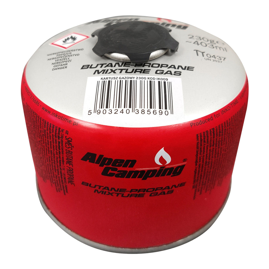 Gázpatron 230g Alpen Camping. Tanúsítvány: Pi 0656, megfelel az EN417 szabványnak, propán-bután, -10°C és +40°C közötti tartomány, 7/16" menetes szelep IK009
