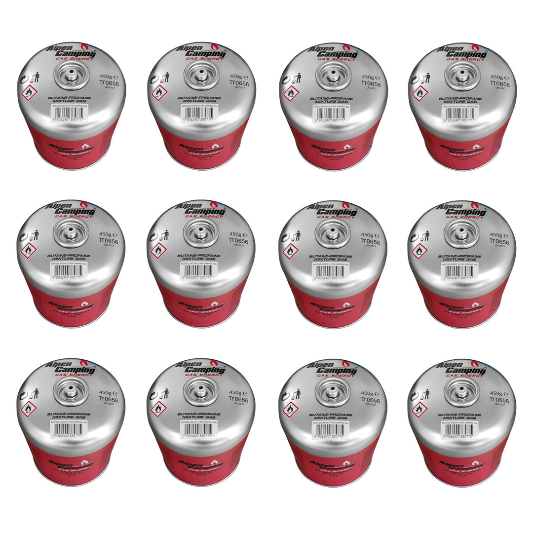 Alpen Camping 450g gázpatron. Tanúsítvány: 7/16" menetes szelep IK020, 12 db, 12 db, Pi 0437, megfelel az EN417 szabványnak, propán-bután, -10°c és + 40°c közötti tartomány, 7/16" menetes szelep IK020, 12 db