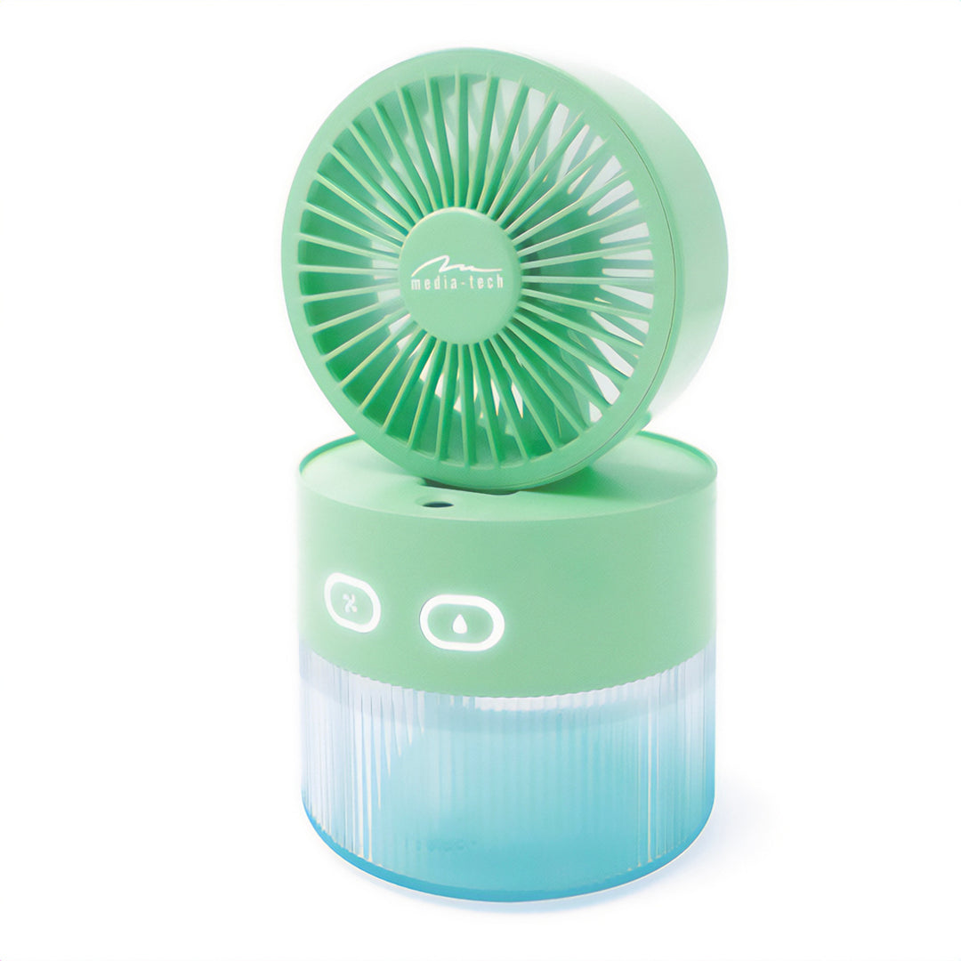 Asztali ventilátor levegő párásítással. Kapacitás 350ml. 40ml/h köd. USB-C tápegység.