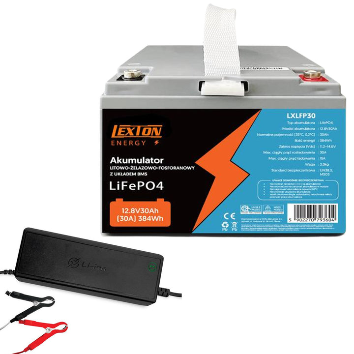 LiFePo4 Lexton lítium-vas-foszfát akkumulátor, BMS, 12.8V, 30Ah, LXLFP30 + LTC Energy LiFePO4 akkumulátor töltővel