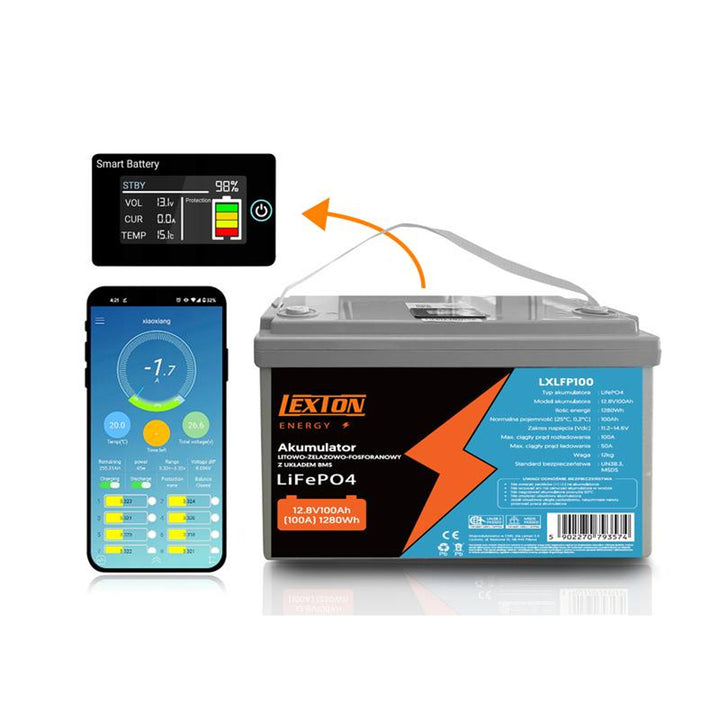 LiFePo4 Lexton lítium-vas-foszfát akkumulátor, BMS, 12.8V, 100Ah, LXLFP100 + LTC Energy LiFePO4 akkumulátor töltővel
