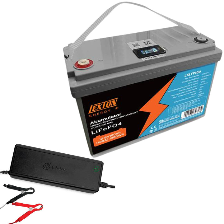 LiFePo4 Lexton lítium-vas-foszfát akkumulátor, BMS, 12.8V, 100Ah, LXLFP100 + LTC Energy LiFePO4 akkumulátor töltővel