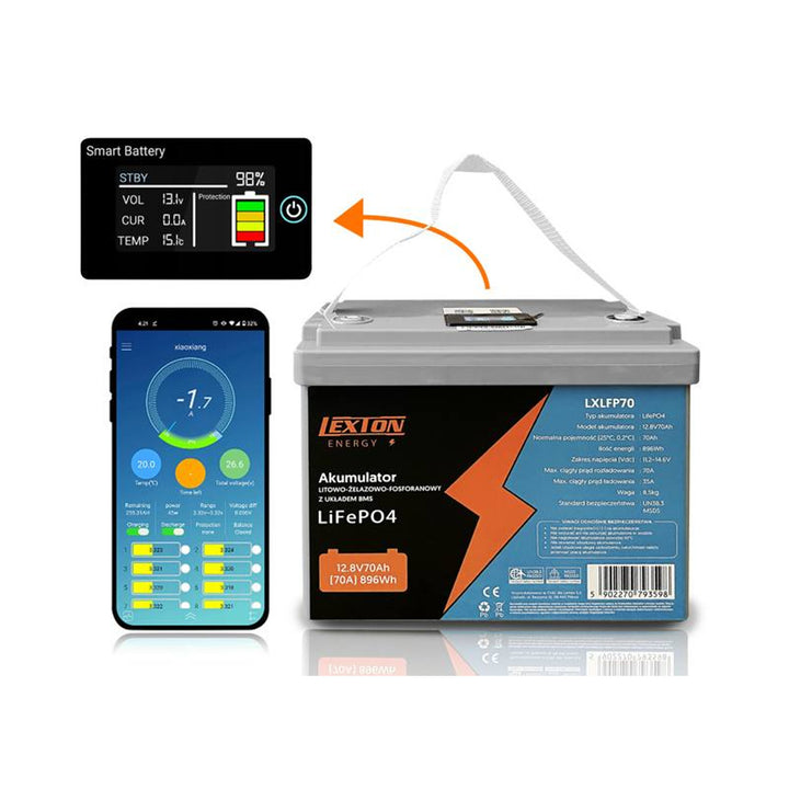 Lexton lítium vas-foszfát LiFePo4 akkumulátor, BMS, 12.8V, 70Ah, LXLFP70 + LTC Energy LiFePO4 akkumulátor egyenirányítóval