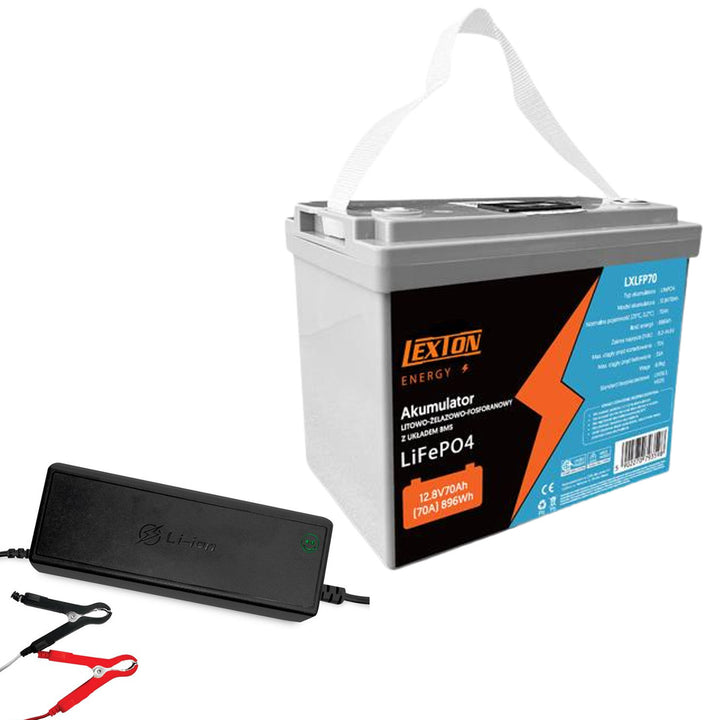 Lexton lítium vas-foszfát LiFePo4 akkumulátor, BMS, 12.8V, 70Ah, LXLFP70 + LTC Energy LiFePO4 akkumulátor egyenirányítóval