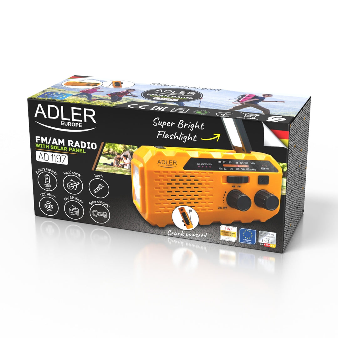 Adler napelemes rádió, 1200 mAh újratölthető akkumulátor, zseblámpa, kézi kurbli, AD 1197