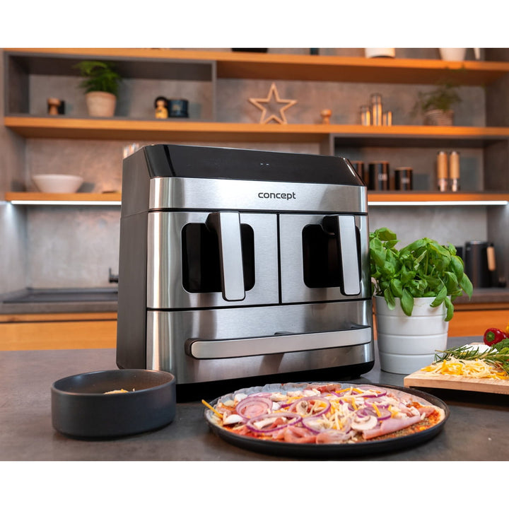 Concept zsiradék nélküli fritőz, 3 különálló fiók, szinkronizált sütés, 8 előre beállított program, FR9000