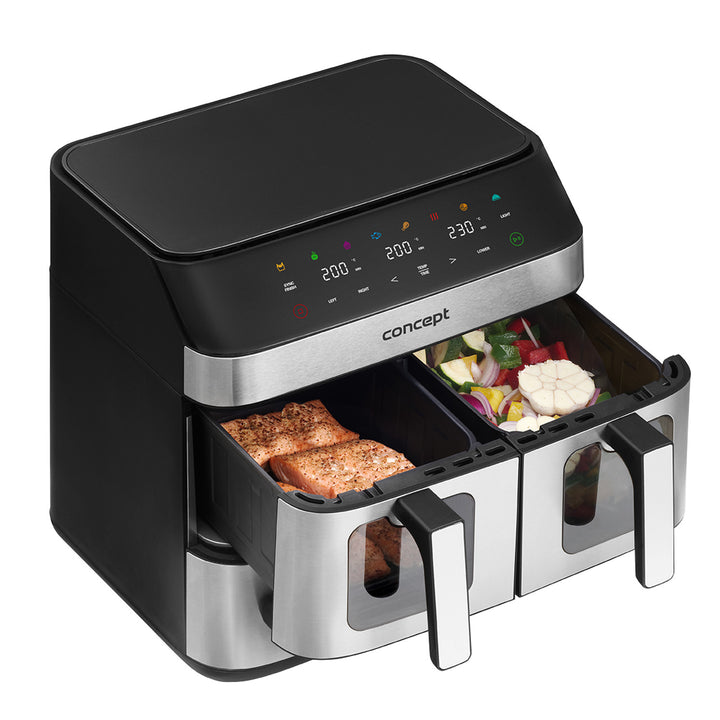 Concept zsiradék nélküli fritőz, 3 különálló fiók, szinkronizált sütés, 8 előre beállított program, FR9000