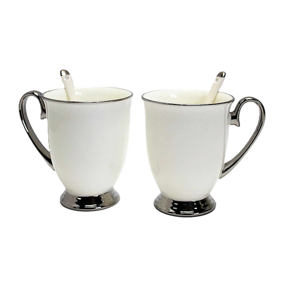 Fehér bögrék 2db krómozott fogantyú, teáskanál, porcelán, Elegáns, Queen Isabel