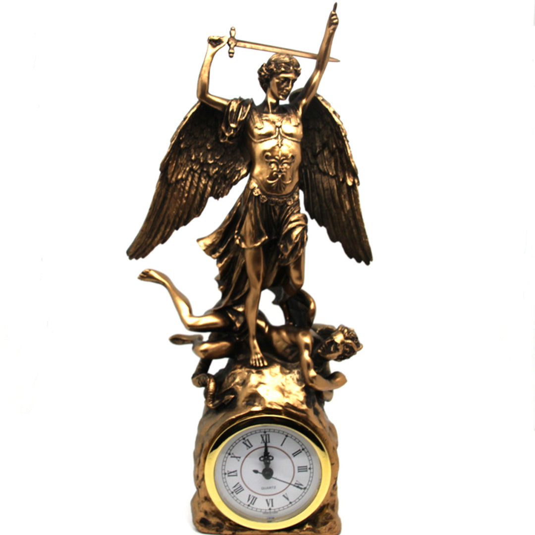 Mihály arkangyal figura, óra, bronz vallásos szobor, Isabel királynő
