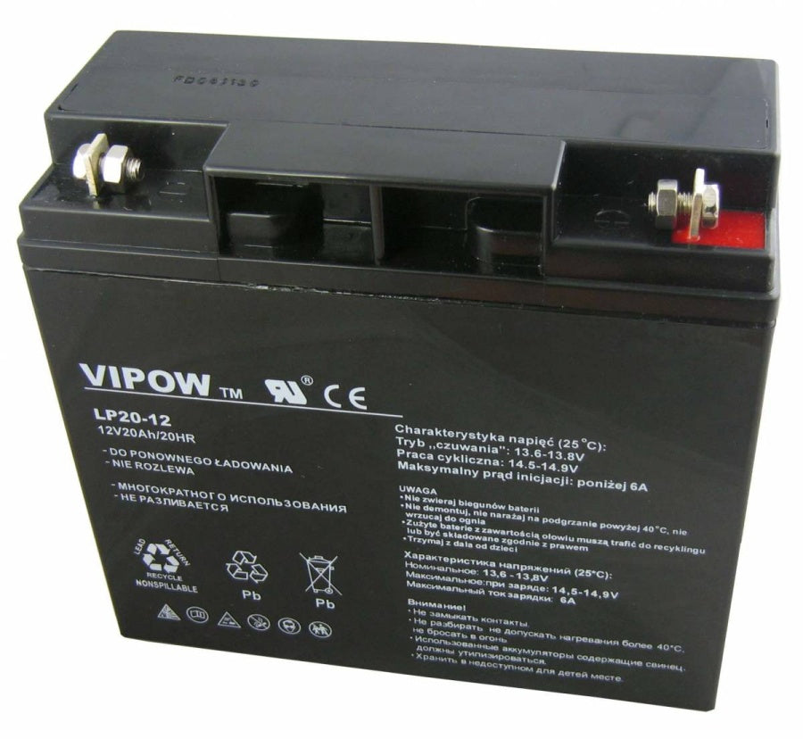 Karbantartásmentes Vipow 12V 20Ah zselés akkumulátor méretei 181 x 77 x 167 mm