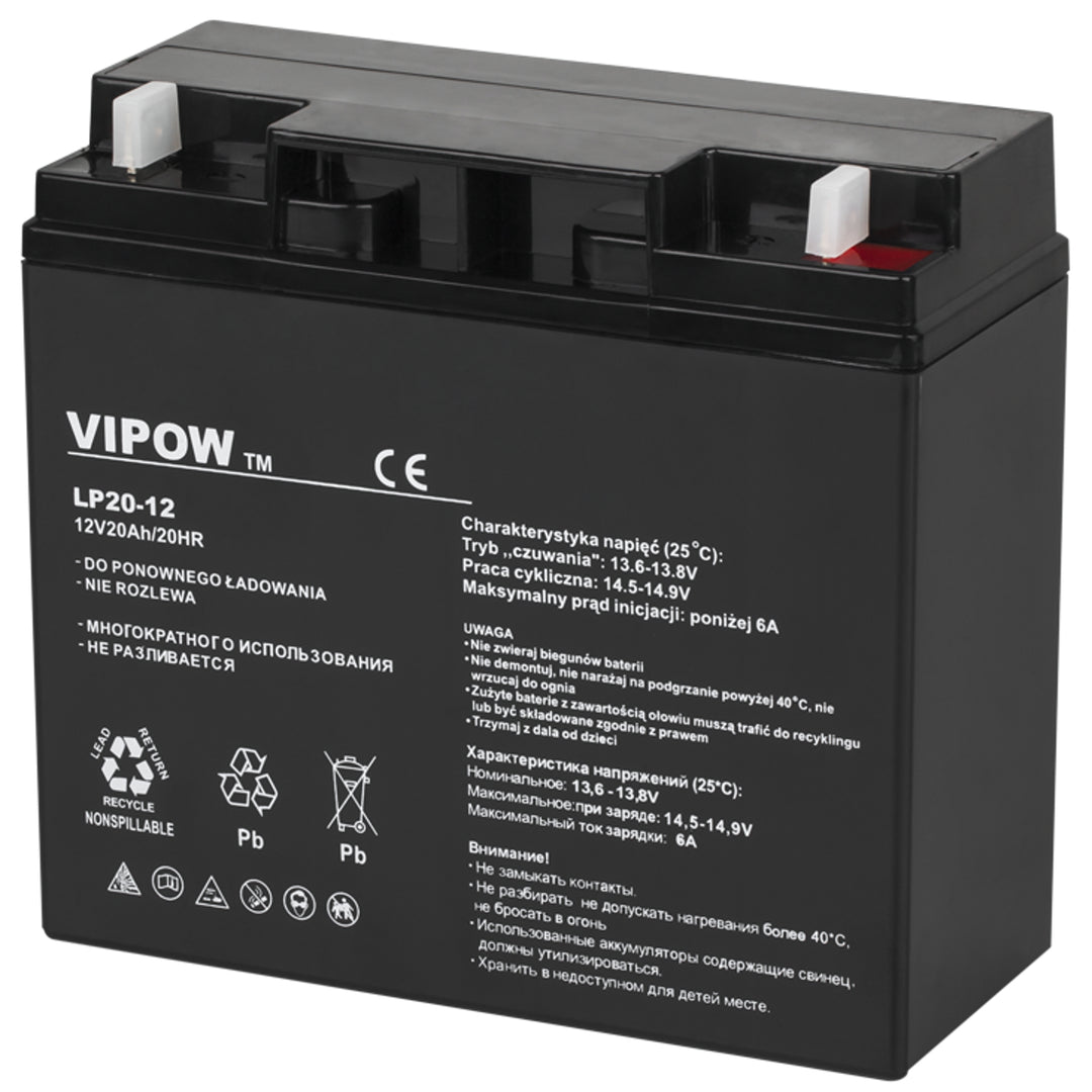 Karbantartásmentes Vipow 12V 20Ah zselés akkumulátor méretei 181 x 77 x 167 mm