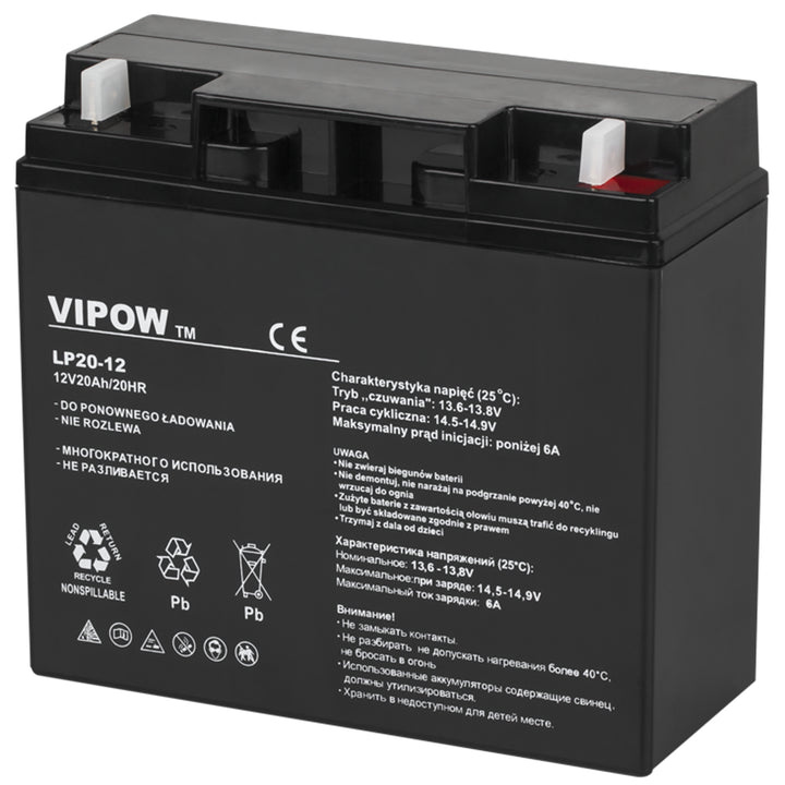 Karbantartásmentes Vipow 12V 20Ah zselés akkumulátor méretei 181 x 77 x 167 mm
