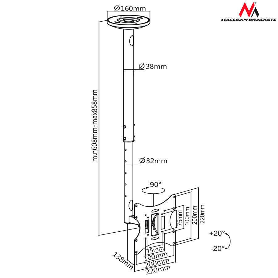 Mennyezeti tartó 22-42 &#39;&#39; 30kg ezüst Maclean MC-504A S