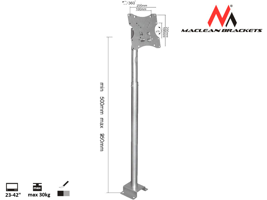 Mennyezeti tartó 22-42 &#39;&#39; 30kg ezüst Maclean MC-504A S