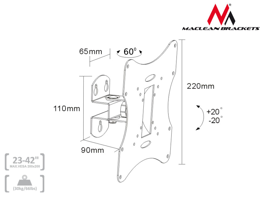 TV vagy monitor tartó 23-42 &#39;&#39; 30kg Univerzális Maclean MC-501A S ezüst vesa 200x200