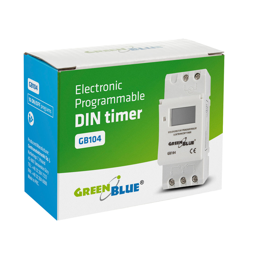 Időzítő kapcsoló - digitális időzítő DIN sínhez GreenBlue GB104 16 program max. 240 programot tartalmaz