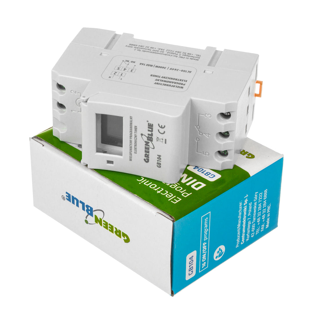 Időzítő kapcsoló - digitális időzítő DIN sínhez GreenBlue GB104 16 program max. 240 programot tartalmaz