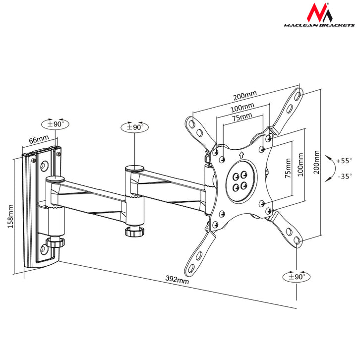 TV tartó 13 &#39;&#39; - 42 &#39;&#39; fekete szín max. 20 kg-ig VESA 200x200 pozicionálási védelem Maclean MC-675