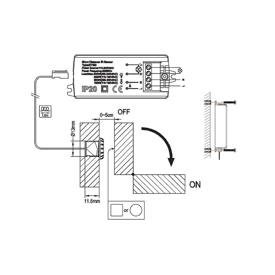 A PIR ajtó be / ki érzékelője infravörös érzékelő eléri a 5-6 cm-es max. 500W Maclean Energy MCE135-et