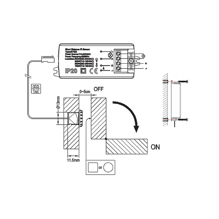A PIR ajtó be / ki érzékelője infravörös érzékelő eléri a 5-6 cm-es max. 500W Maclean Energy MCE135-et
