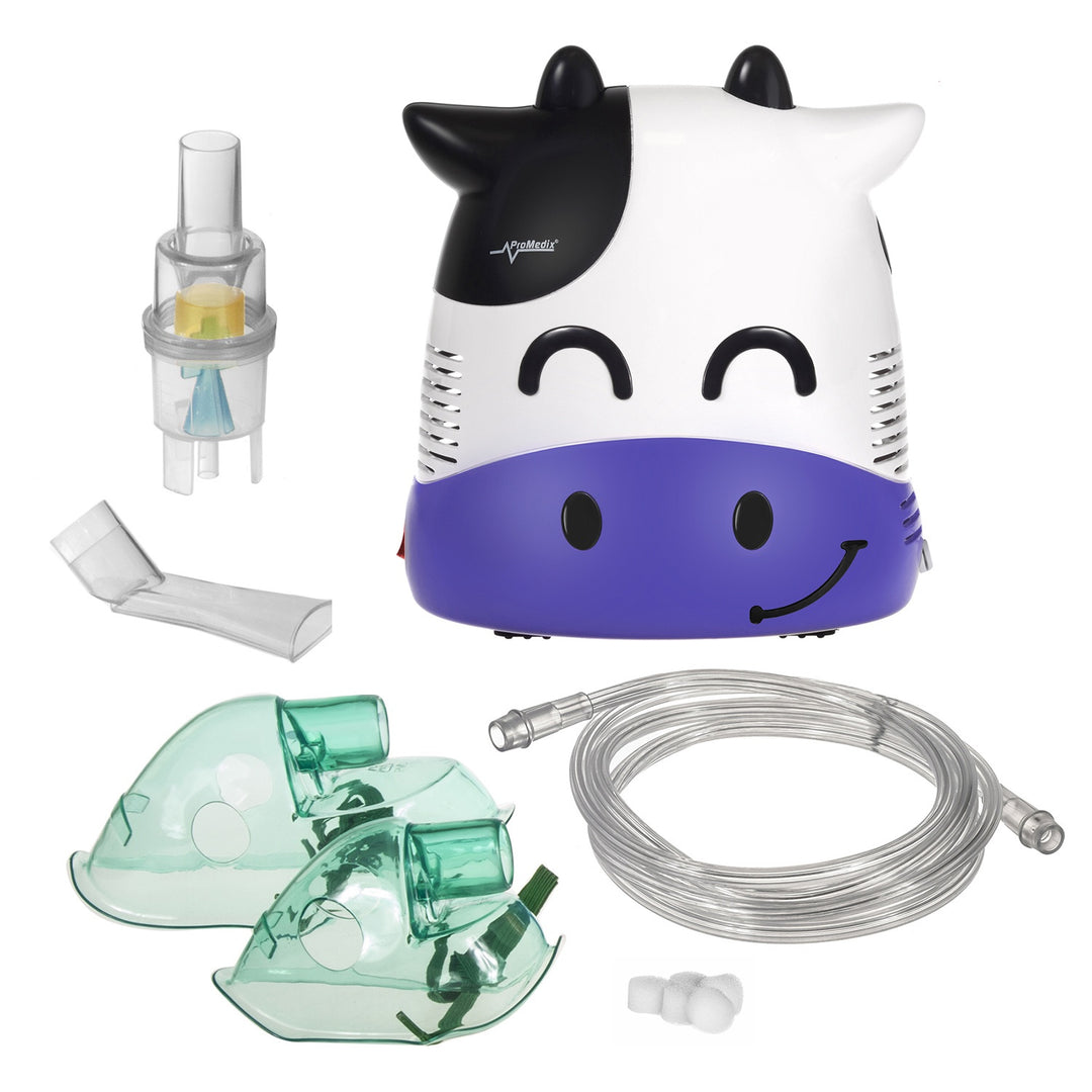 Inhalátor csecsemőknek Promedix PR-810 tehén, porlasztókészlet, maszkok, szűrők
