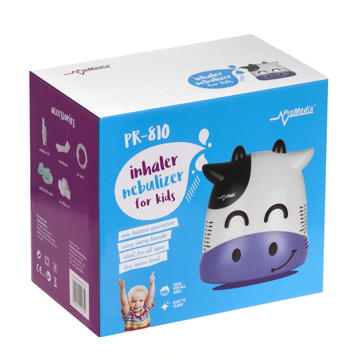 Inhalátor csecsemőknek Promedix PR-810 tehén, porlasztókészlet, maszkok, szűrők